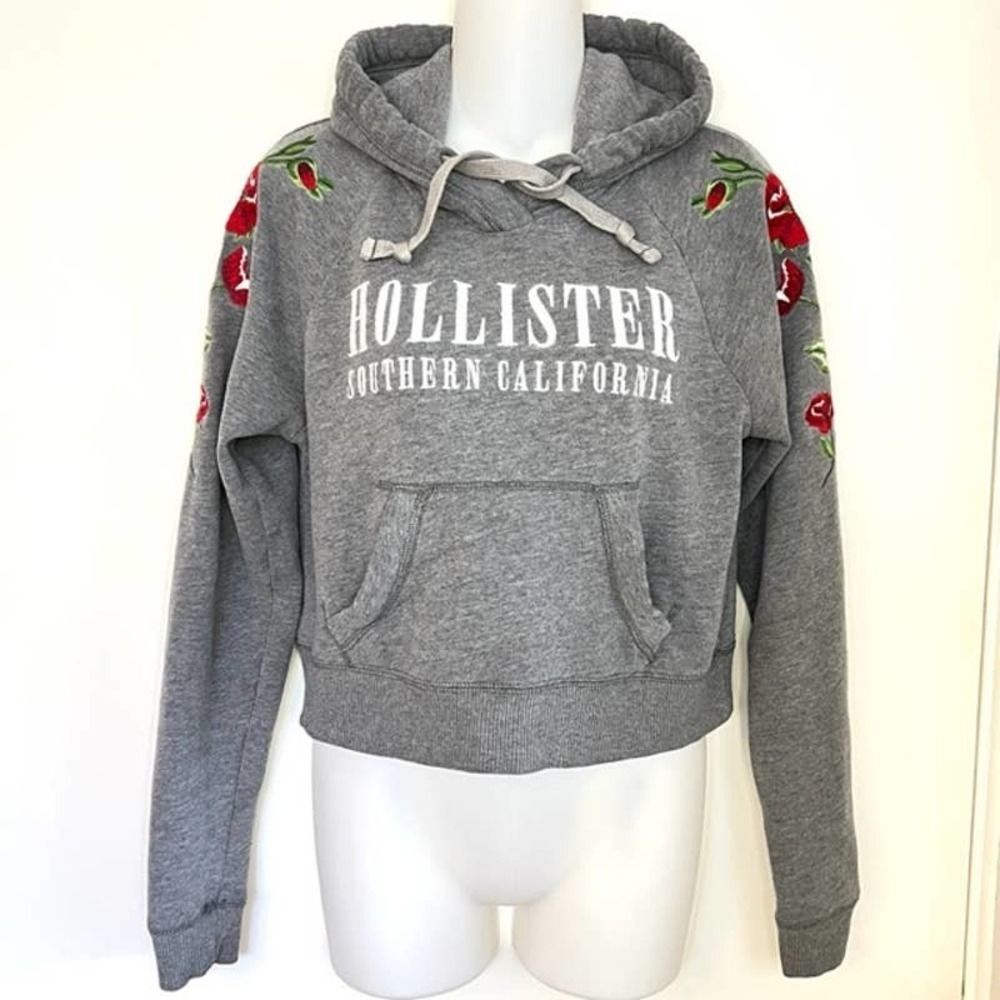 HOLLISTER SO CAL GRAY CROPPED HOODIE EMBROIDERED FLEECE SWEATSHIRT SIZE XS